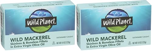 Wild Planet Skinless Boneless Mackerel Fillets in Organic Extra Virgin Olive Oil, Tinned Fish, Sustainably Caught, Non-GMO, Kosher, Gluten Free, Keto and Paleo, 4.4 Ounce Single Unit (Pack of 2)