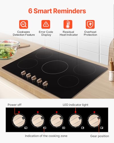 VEVOR SK-92IHA36CK04 9200W Electric Countertop Burner Knob Control Stove, Built-in Induction Cooktop with 12 Temperature Settings, Glass Surface, Auto Shut-Off, 36in 5 Burners/220V, Black
