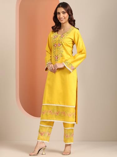 Image of Libas Embroidered Silk blend Straight Kurta With Trouser and Dupatta | ethnic wear | bridal suit | wedding dress | occasion wear