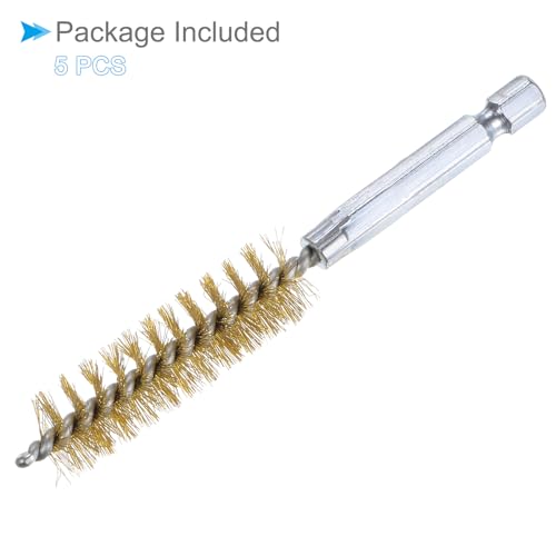 Image of Bore Brush, 14mm Dia 4 Inch Length, Brass Cleaning Wire Brushes with 1 /4 Inch Hex Shank - (Applications: for Power Drill, Die Grinder), 5-Pieces