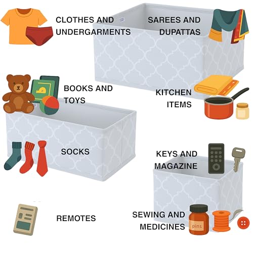 Image of Skrill 12-Piece Foldable Cloth Storage Box Set | Cube Baskets, Bins & Dividers for Closet & Dresser Drawer Organization | Storage for Shirts, Pants, Underwear, Bras, Socks & More (Quatrefoil Grey)