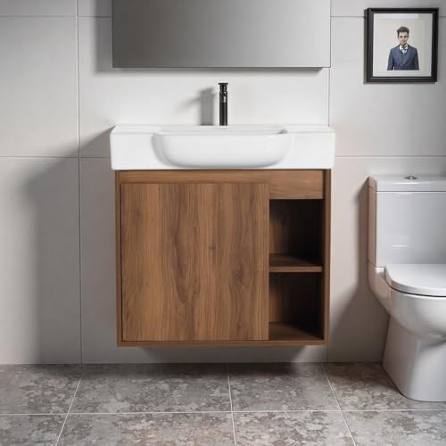 Image of 24 inch Bathroom Vanity with Ceramic Sink, Modern Wall-Mounted Bathroom Vanity with Soft-Close Door & 2 Open Storage Shelves for Home, Farmhouse, Undermount Storage Cabinet, Easy to Clean, Brown