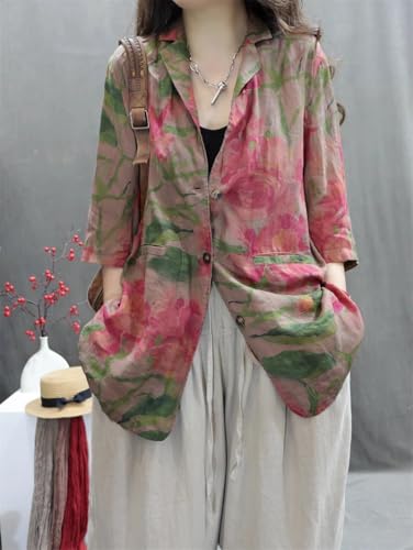 Women's Boho Cotton Linen Blazer Floral Print 3/4 Sleeve Notch Lapel Collar Loose Fit Casual Jacket with Pockets3
