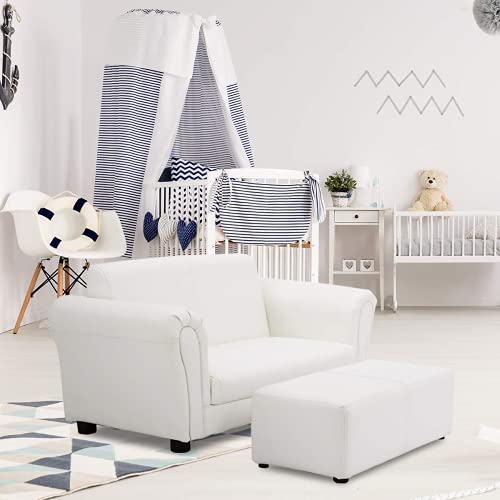Reuniong Kids Sofa W/Footstool, Upholstered Children Loveseat Couch W/Ottoman, Sturdy Wood Frame, Astm And Cpsia Certified, 2 Seat Armrest Lounge Chair Set For Boys Girls, 32.5”X16.5”X16” (White) #TOP26
