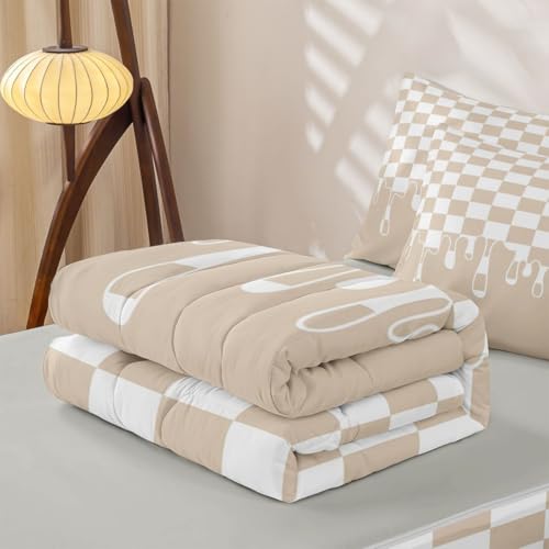 Image of Beige Tan Checkered Zipper Bedding Twin - 4 Piece Zip Up Comforter & Fitted Sheet Set with 2 Pillowcases, Bed in a Bag for Boys & Girls,Checkerboard Drip Grunge Aesthetic Geometric All Season