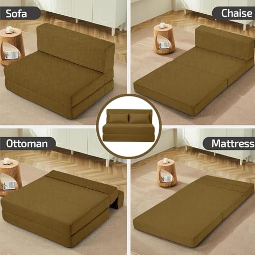 Image of Los Angeles Foldable Two Seater Sofa Cum Bed, Sofa Bed 4 X 6 Feet, Jute Fabric- Washable Cover- Including Two Cushion Perfect for Home & Office, Guest Room -Golden Color