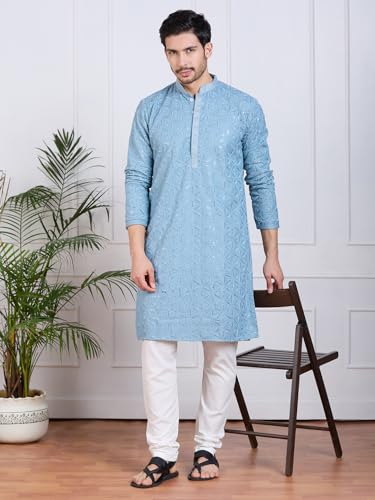Image of Rajubhai Hargovindas Men Pure Cotton Chikankari Embroidered Straight Kurta