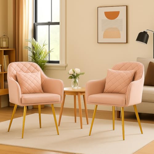 Image of Velvet Chair with Floral Pillow for Home | Modern Accent Armchair in Soft Velvet Fabric with Golden Legs | Set of 2 Premium Accent Chair for Living Room Bedroom (Barfi Pink)