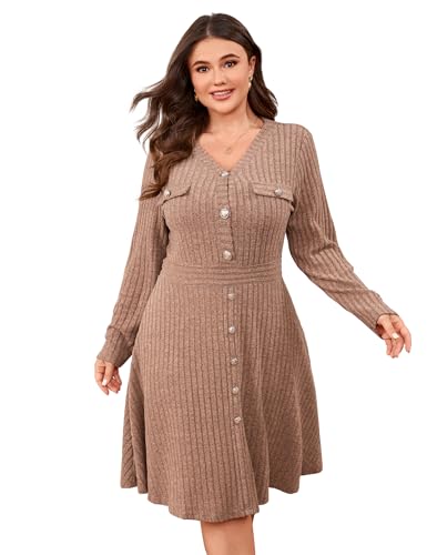 Yesfashion Plus Size Women's Ribbed Knit Dress Long Sleeve High