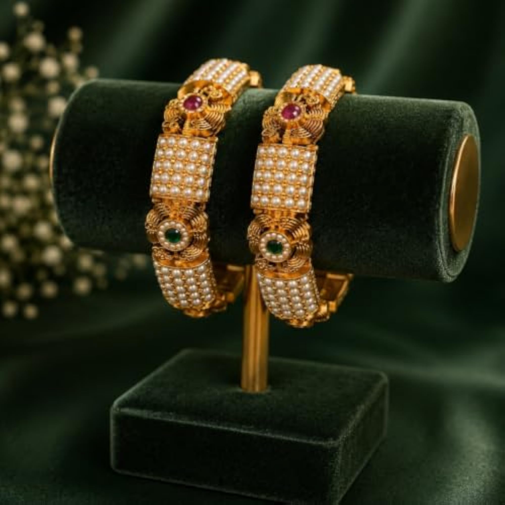 Traditional Plated Studded Stone Textured Bangles Set of 2