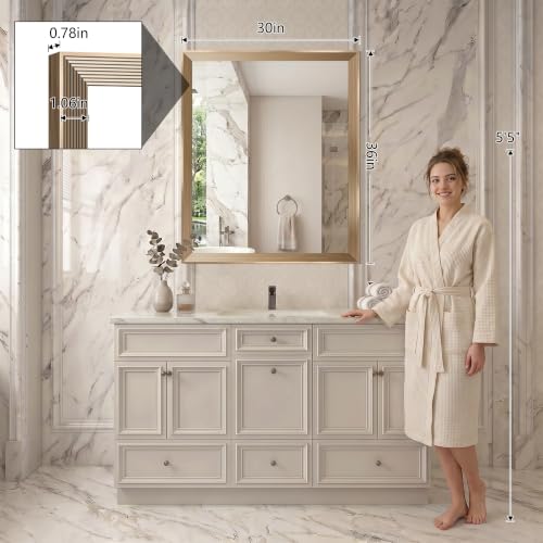 Image of DESBING 30 inchx36 inch Gold Bathroom Mirrors for Over Sink, Tempered Glass, Metal Frame, Rectangle Vanity Wall Mirror for Bathroom, Living Room, Bedroom, Horizontally or Vertically