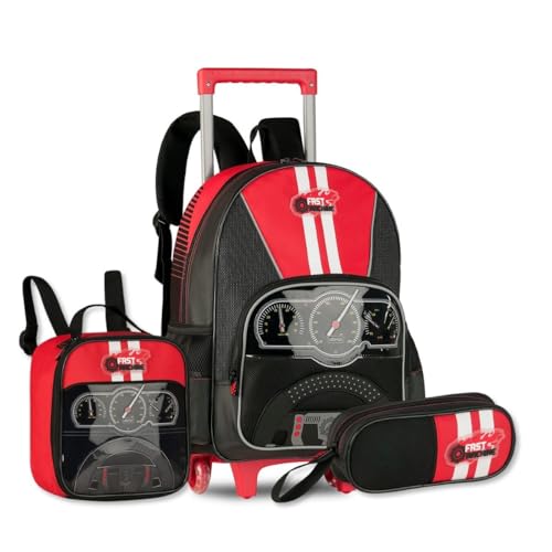 Kit Mochila Carrinho com Lancheira Térmica e Estojo Escolar Infantil Fast Machine