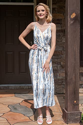 Image of OUGES Womens Summer Maxi Dress V Neck Floral Adjustable Spaghetti Strap Beach Dresses with Pockets
