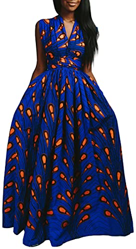 OLIPHEE Robe Femme Imprimer lâche Grande Taille Afrique sans Manches Une épaule De Multiples Façons De Porter(L, Plume Orange sur Fond Bleu)