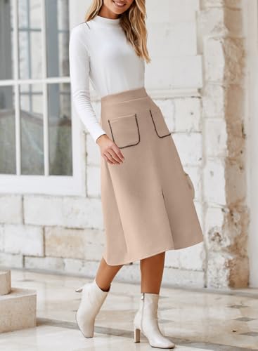 Happy Sailed Women's Faux Suede Skirt Elastic Waist Front Pockets A Line Midi Skirts Fall Winter Clothing4