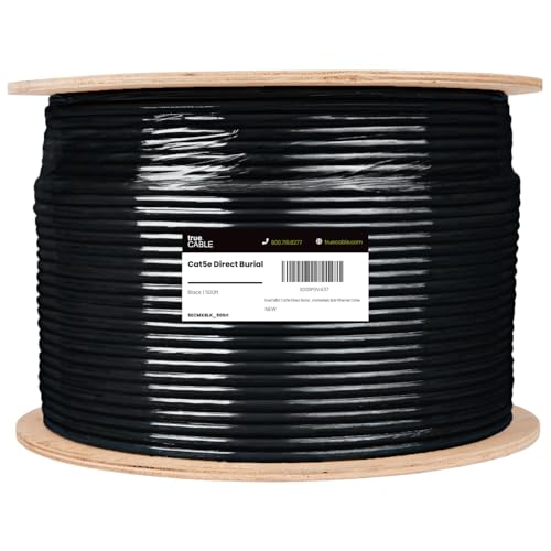 Image of TRUE CABLE Cat5e Direct Burial Bulk Ethernet Cable, Unshielded U /UTP, 500ft, Black, Waterproof, Outdoor OSP Jacket, 24AWG Solid Bare Copper, 350MHz, PoE++ 100W