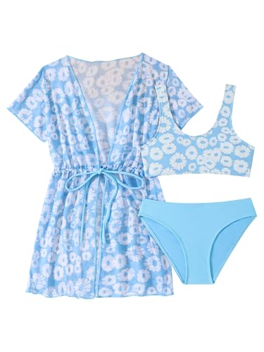 Kids Girls 3-Piece Spaghetti Straps Swim Tops and Bottom Set Bathing Suit Swimsuit with Dress Cover Up