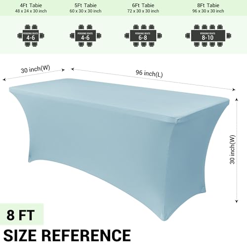 Image of Obstal 8Ft Stretch Spandex Table Cover for Standard Folding Tables - 2 Pack Universal Rectangular Fitted Tablecloth for Party, Banquet, Events, Trade Show (Dusty Blue, 96L x 30W x 30H Inches)