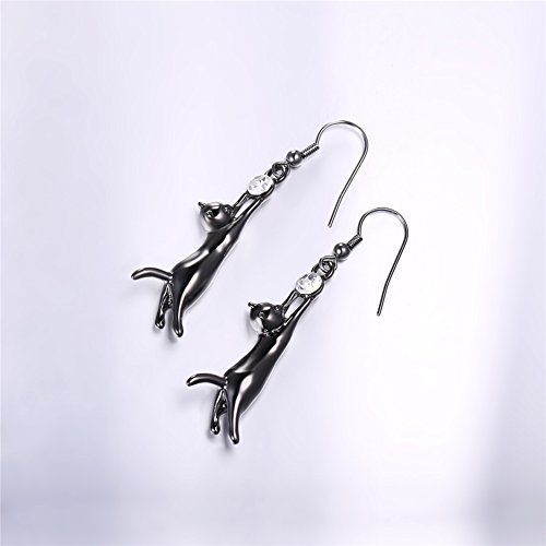 U7 Cute Cat Ear Pendant Black Kitten Dangle Drop Earrings With Rhinestones #TOP1