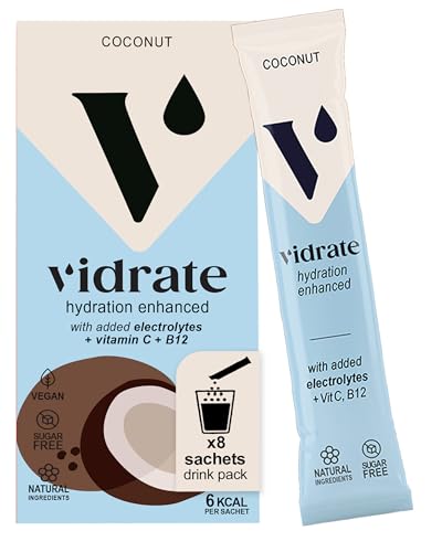 Vidrate Electrolyte Powder Hydration Sachets - Hydration Powder Packs with Vitamins - Zero Sugar, No Artificial Sweeteners or Preservatives - 8 Electrolyte Sachets, Coconut