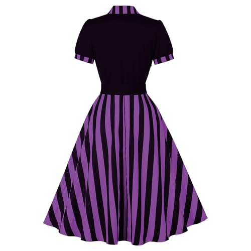 Image of ODIZLI Women's 1950s Retro Dress Short Sleeve Notched Lapel Polka Dot Stripe Swing Dress with Belt Cocktail Dress