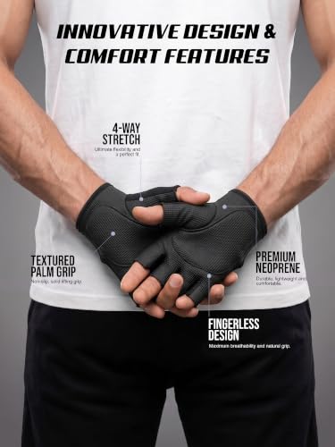 Image of CHKOKKO Gym Gloves for Men and Women Neoprene Adjustable Wrist Support | Fingerless Anti Slip Grip Texture for Weighlifting, Exercise, Pull ups or Cycling