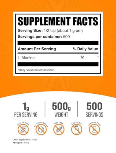 Image of BulkSupplements.com L-Alanine Powder - Amino Acid Supplement, Alanine Supplement - Unflavored & Gluten Free, 1g per Serving, 500g (1.1 lbs) (Pack of 1)