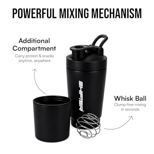 Image of Shifter Stainless Steel Gym Shaker Bottle 500ml | Protein Shaker with Mixer Ball | Leakproof Metal Blender Bottle| Gym, Fitness, Workout, Sports Water Bottle for Men & Women (BLACK-2)