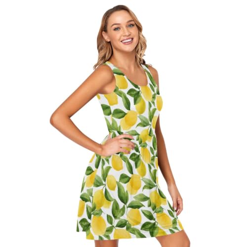 Image of ALAZA Watercolor Lemon Leaves Women's Summer Dress Sun Dress Sleeveless with Pockets L