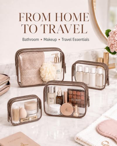 Image of LETGO TSA Approved Toiletry Bag - Clear Makeup Bag Waterproof Quart Size Bag, Travel Makeup Cosmetic Bag for Women Men, Carry on Airport Airline Compliant (Coffee, Pack of 4)