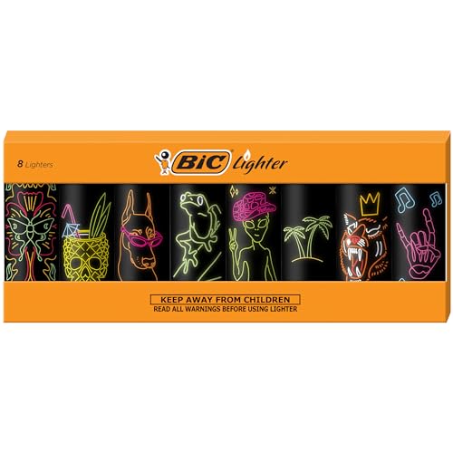 BIC Maxi Pocket Lighter, Special Edition Neon Series, Great for Candles and Firepits, 8 Count Pack of Lighters