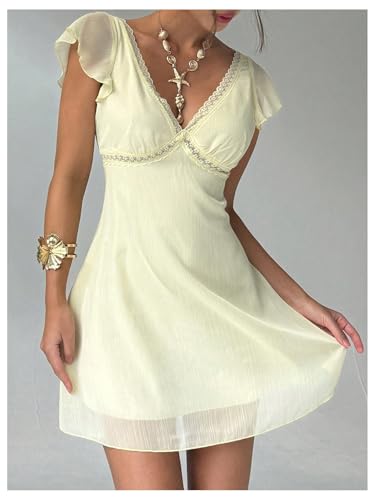 SOLY HUX Women's Lace Deep V Neck Mesh Summer Mini Dress Wedding Guest Vacation Dresses3