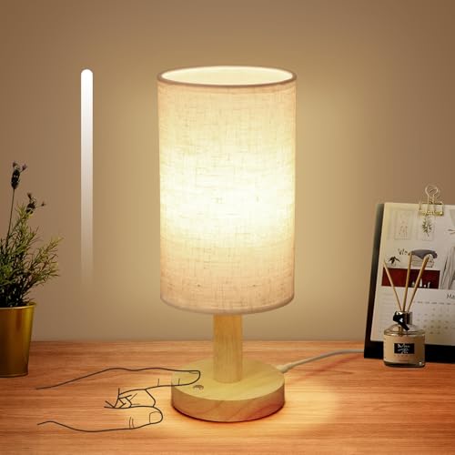 Image of Small Corded Touch Bedside Table Lamp with Stepless Dimming, Natural Round Wood Base & Linen Fabric Shade, USB-Powered Cozy Ambient Night Light for Bedroom, Nightstand,Kitchen, Nursery,Camping