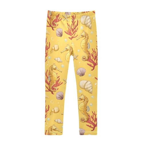 Seahorse Coral Yellow Girls Leggings Ultra Soft Compression Yoga Gym Pants for Kids 4-10T