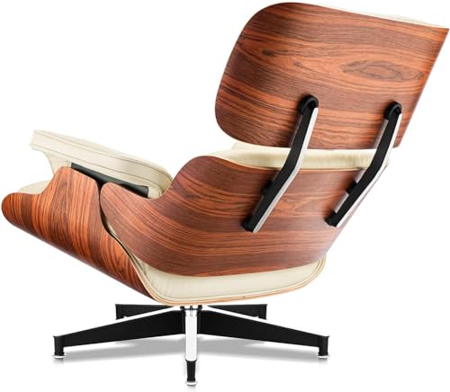 Image of Top Cream White Grain Leather, Mid Century Chaise Lounge Chair and Ottoman, Modern Chair Classic Design, Palisander Wood, Heavy Duty Base Support for Living Room Office