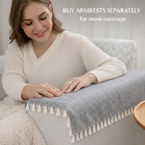 Image of STITCHNEST Jute Sofa Cover - Grey, 24x30 Inch | Soft Textured Fabric with Tassel| Sofa for Living Room Decor