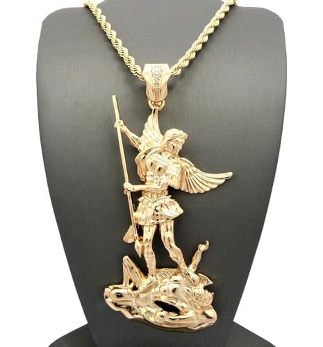 Hip Hop Saint Michael Archangel Gold Plated Large Pendant & 30" 36" Box, Cuban, Rope Franco Chain Necklace2