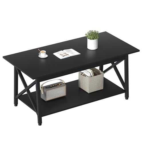 Image of GreenForest Coffee Table with Storage, 43 inch Large Modern Coffee Tables for Living Room, X-Frame Design Farmhouse Coffee Table Space Saving Living Room Tables, Easy Assembly, Black