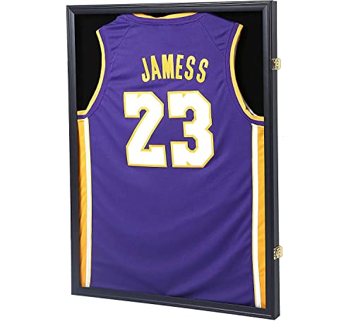 Jersey Frame Display Case Large Lockable Shadow Box Sports Jersey Frame with UV Protection Acrylic and 2 Hanger for Baseball Basketball Football Soccer Hockey Shirt Uniform Graduates Black