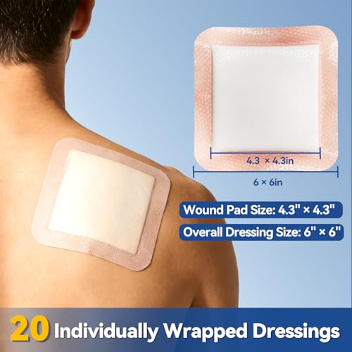 Image of Dimora 20 Count Silicone Super Absorbent Wound Dressing 6 inch x 6 inch - Large Adhesive Bandage for Heavy Exudate, Border Wound Care Pads for Pressure Sore and Post-Surgical Incisions