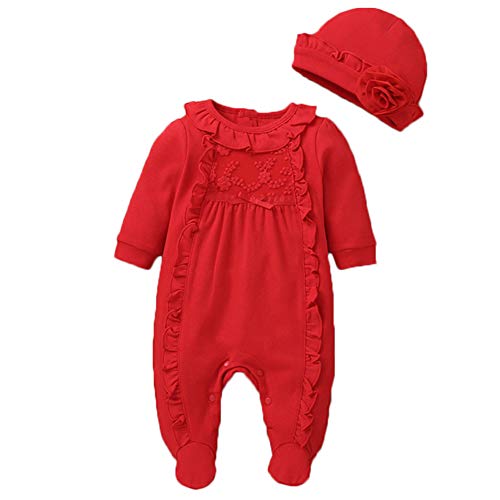 Image of Infant Baby Girl Ruffled Cotton Footies Footed Overall Romper with Hat Toddler Baby Footed Jumpsuit