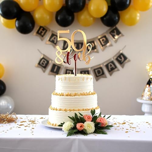 Image of Fifty & Fab Gold Acrylic Cake Topper - Elegant Topper for 50th Birthday, Anniversary Cakes, Party Decorations & Celebrations for Women or Men (4x6 inch)