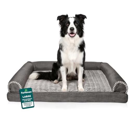 Furhaven Orthopedic Dog Bed for Large/Medium Dogs w/ Removable Bolsters & Washable Cover, For Dogs Up to 55 lbs - Luxe Faux Fur & Performance Linen Sofa - Charcoal, Large