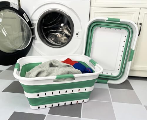Image of SAMMART 42 (11 Gallons) Collapsible Plastic Laundry Basket, Foldable Pop Up Storage Container /Organizer, Space Saving Hamper, Portable Bin for Dorm Room Bathroom (2, White /Winter Green)