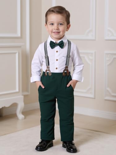 Image of Boarnseorl Baby Boys Pants Sets, Infant Long Sleeve Shirt + Pants + Bow Tie + Suspenders Outfits