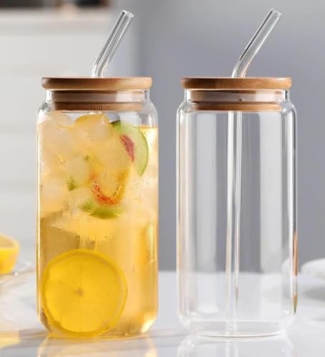 Image of Glass Mug with Bamboo Lid and Straw, 510ml, for Cold Drinks, Smoothies, Coffee(Pack of 1) (Transparent)