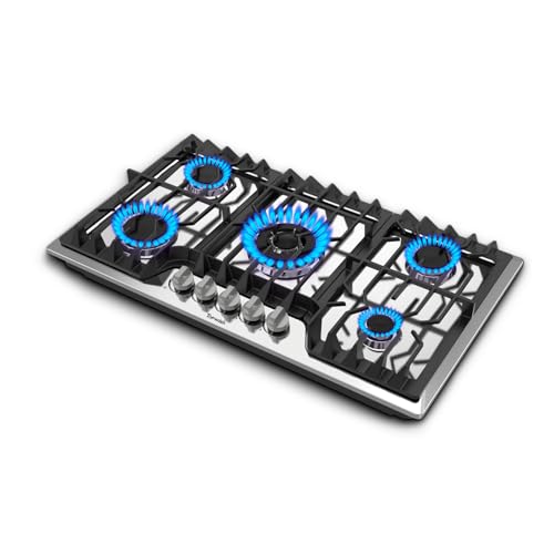 TOPWISH 36 Inch Gas Cooktop, 5 Burners Gas Stove Top, NG/LPG Convertible 304 Stainless Steel Built-in Propane Stovetop, Natural Hob with Thermocouple Flame Out Protection for Rvs Kitchen Apartments