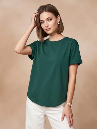 Image of JUNEBERRY Pure 100% Cotton Oversized Loose Fit Drop Shoulder Round Neck Boyfriend Fit Solid Half Sleeves T-Shirt for Women & Girls (Sizes: S to 2XL)
