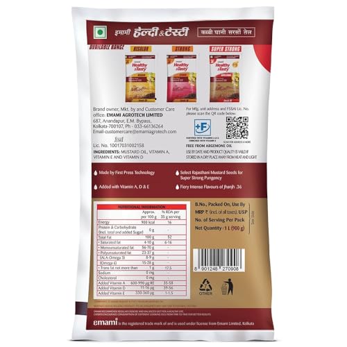 Image of Emami Healthy and Tasty Super Strong Kachchi Ghani Mustard Oil, 900 G Pouch