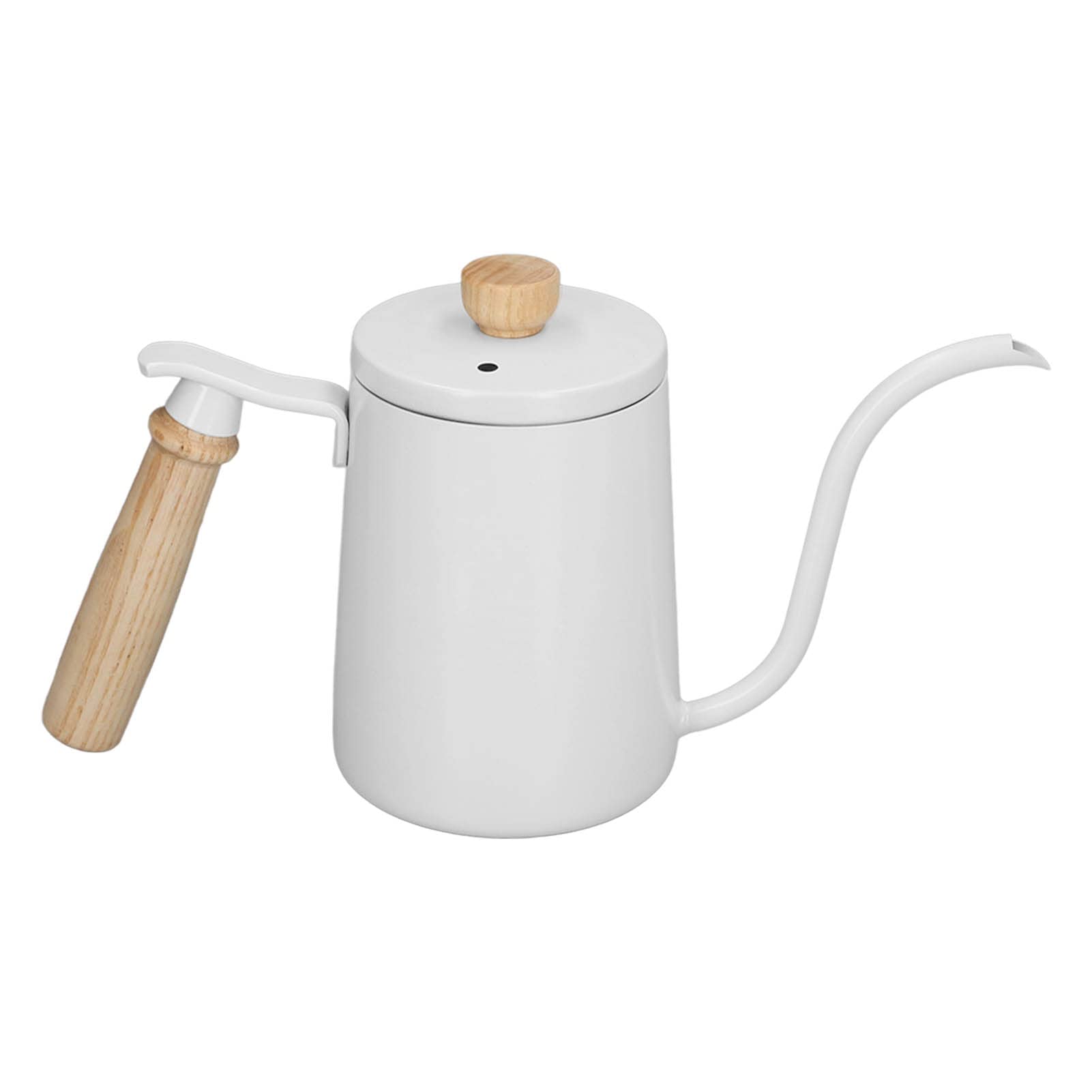 Hervidor de agua de 600 ml para café de filtro, de acero inoxidable 304, con boquilla de cuello de cisne y mango de madera. Hervidor de agua de cuello de cisne para café y otras (Blanca)